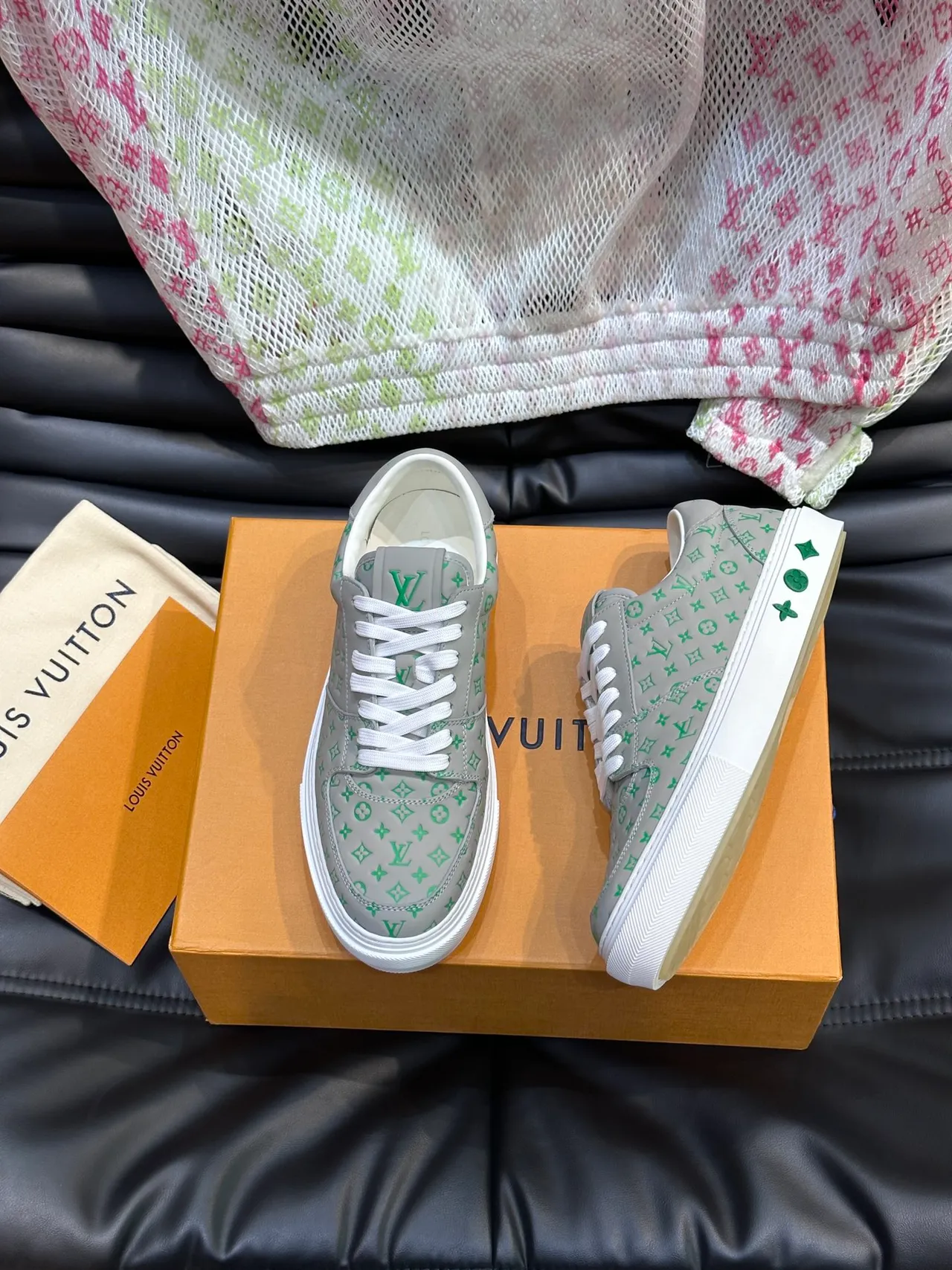 Louis Vuitton Gray Green Monogram-Print Leather Low-Top Cupsole Lifestyle Sneakers 4