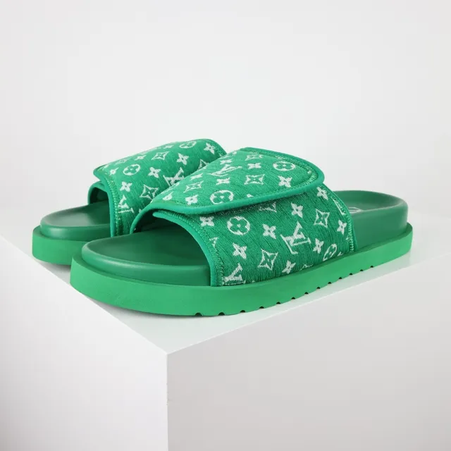 Louis Vuitton Green White Platform Sole Monogrammed Fabric Strap Slippers 2
