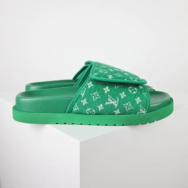 Louis Vuitton Green White Platform Sole Monogrammed Fabric Strap Slippers 3