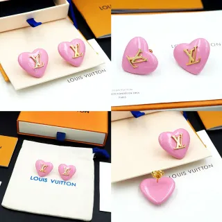 Louis Vuitton Heart-Shaped Glossy Pink Enamel and Gold-Tone LV Monogram Stud Earrings
