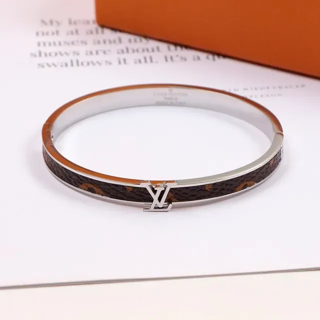 Louis Vuitton Hinged Bangle Brown Gold Monogram Canvas Inlay Bracelet 3