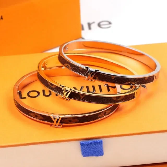 Louis Vuitton Hinged Bangle Brown Gold Monogram Canvas Inlay Bracelet 5