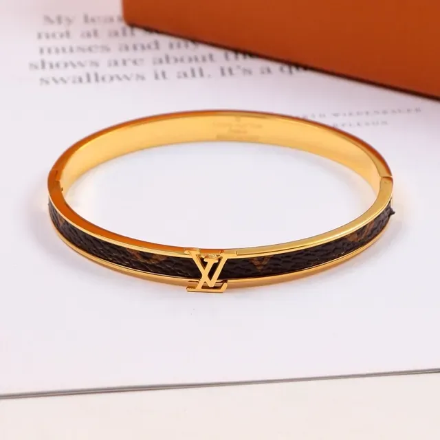Louis Vuitton Hinged Bangle Brown Gold Monogram Canvas Inlay Bracelet 6
