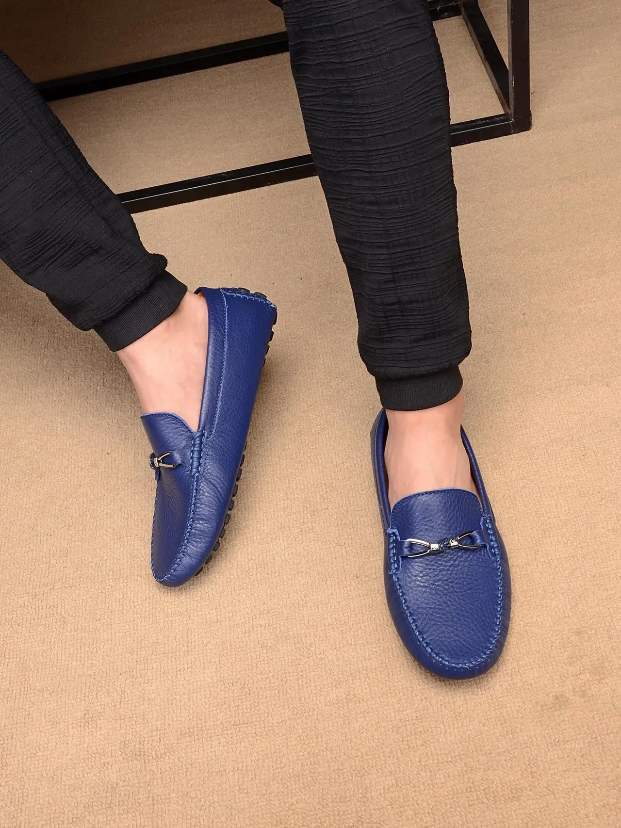 Louis Vuitton Horsebit 1955 Blue Pebbled Leather Loafers 2