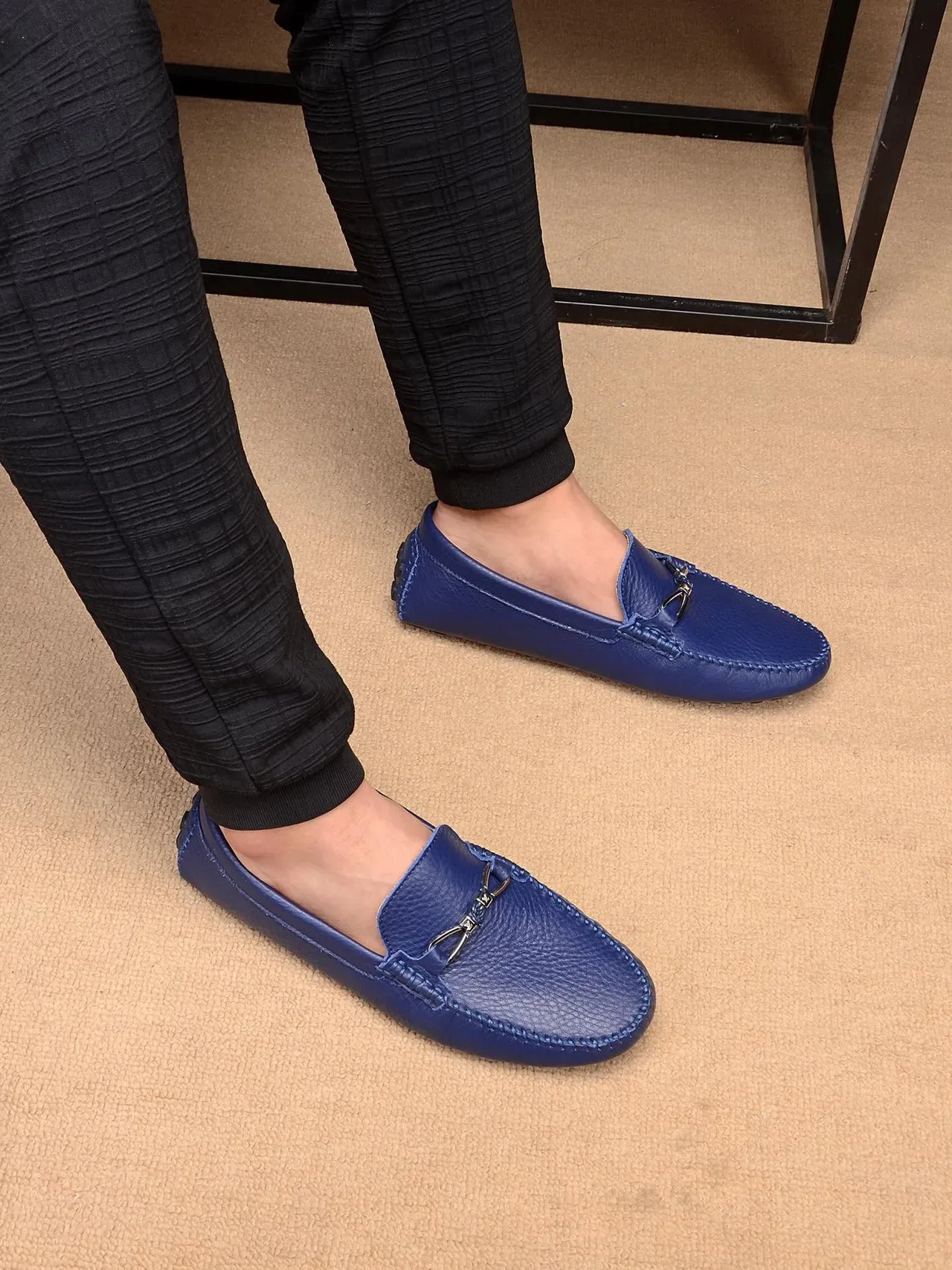 Louis Vuitton Horsebit 1955 Blue Pebbled Leather Loafers 3