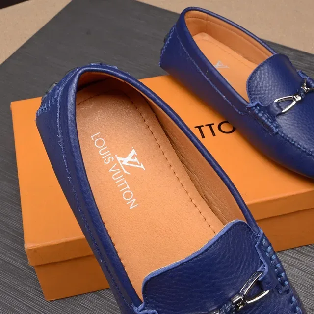 Louis Vuitton Horsebit 1955 Blue Pebbled Leather Loafers 7