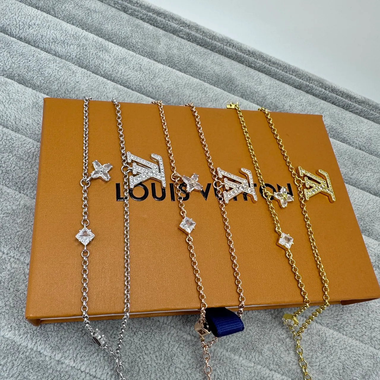 Louis Vuitton Iconic Monogram Pendant Gold Silver Pavé-Crystal Square-Cut Accent Necklace 5