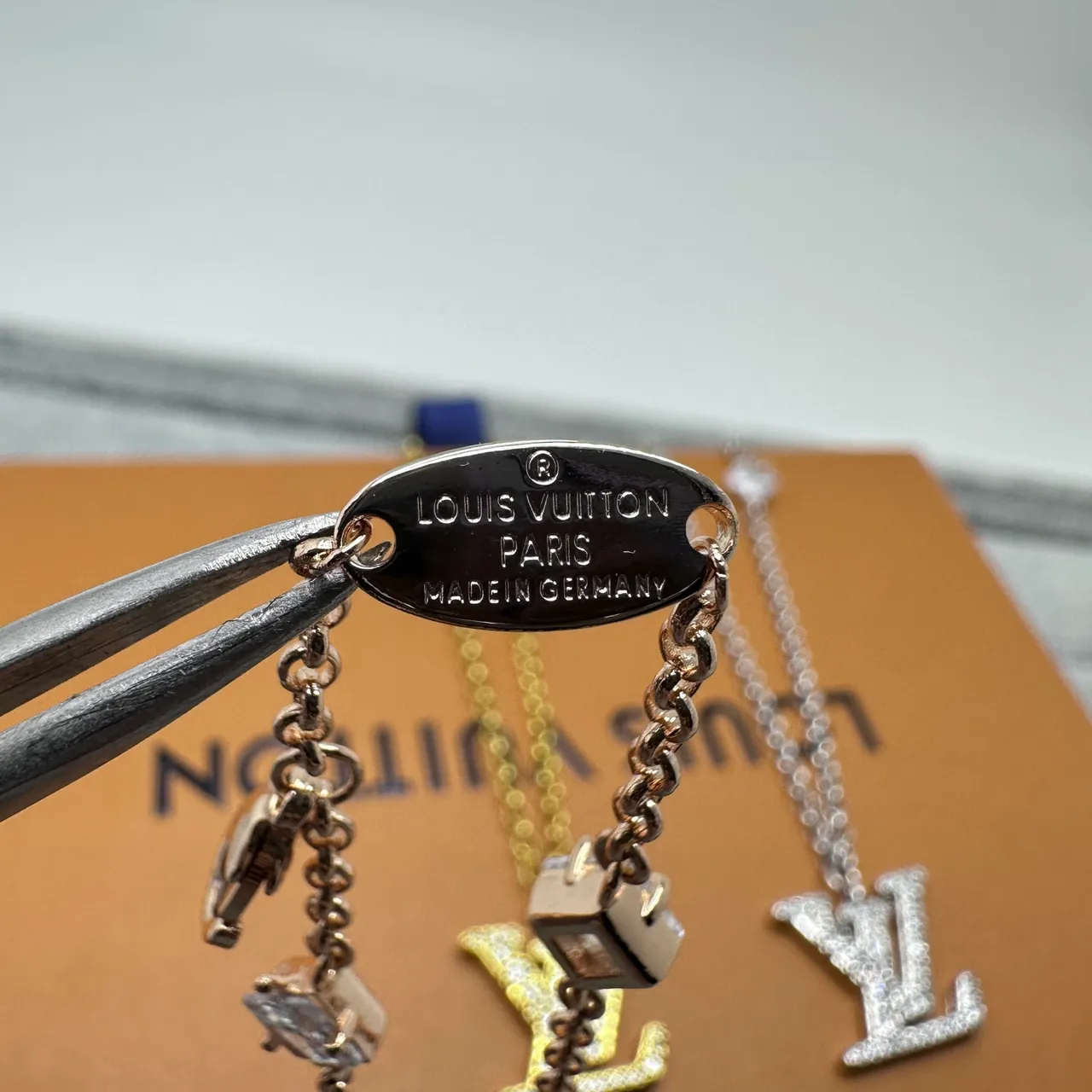 Louis Vuitton Iconic Monogram Pendant Gold Silver Pavé-Crystal Square-Cut Accent Necklace 6