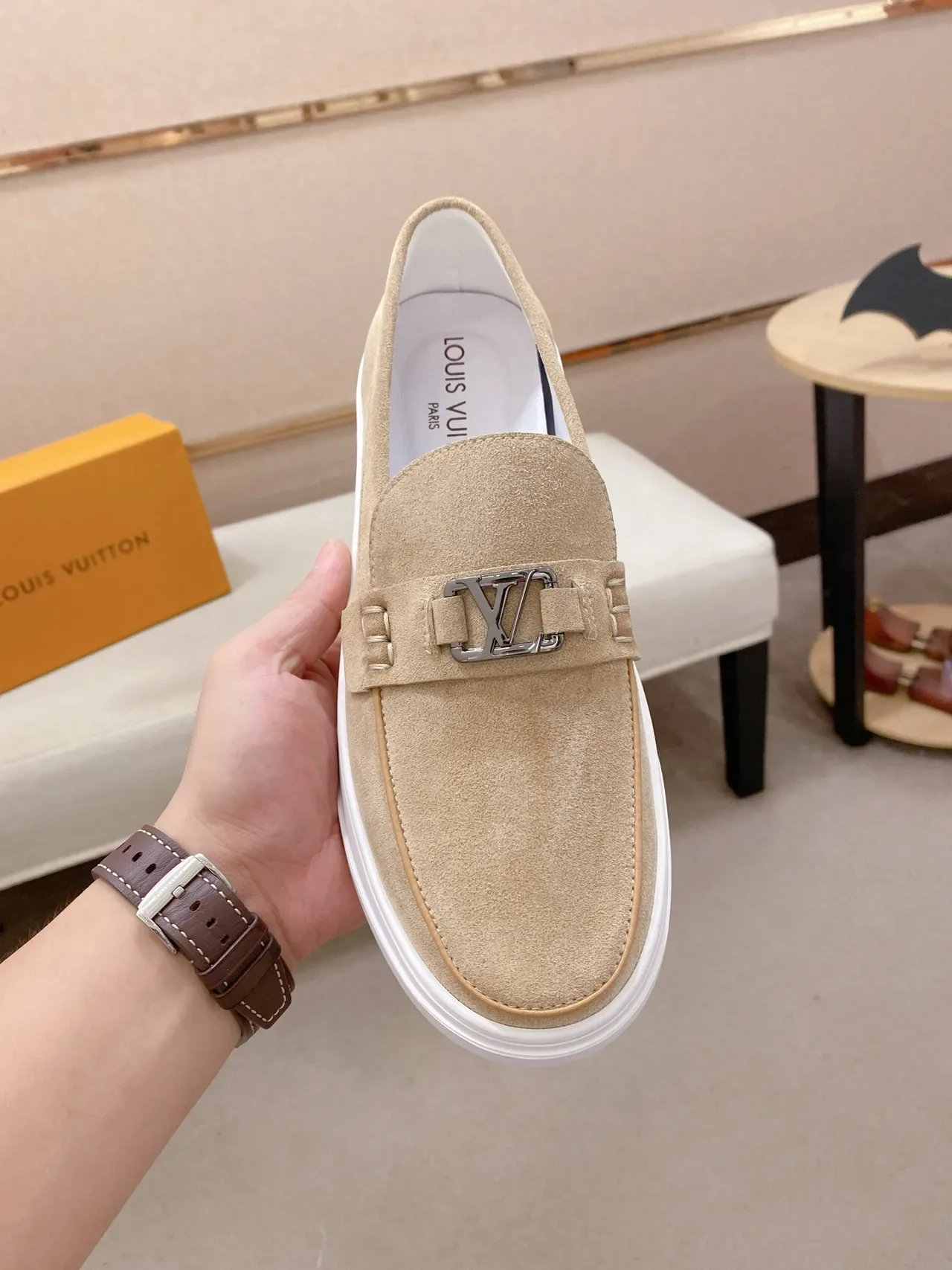 Louis Vuitton Loafer Beige White Suede Upper Metal LV Buckle Strap Loafer 5