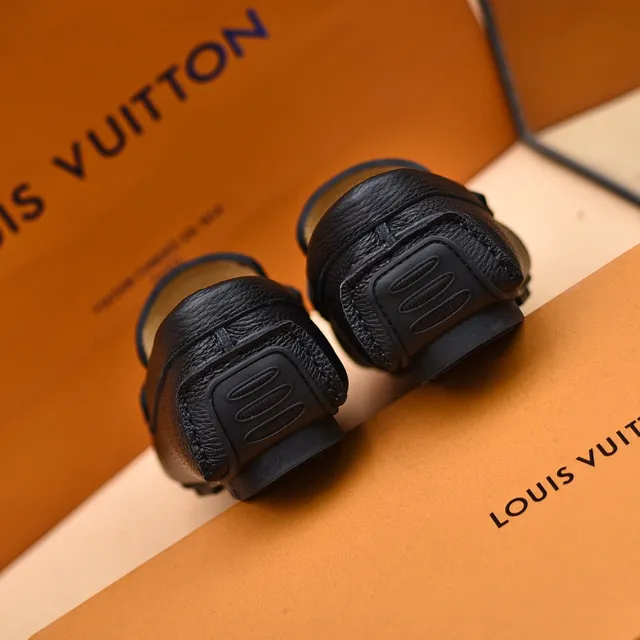 Louis Vuitton Loafer Black Pebbled Leather Gold Medallion Slip-On Loafers 2