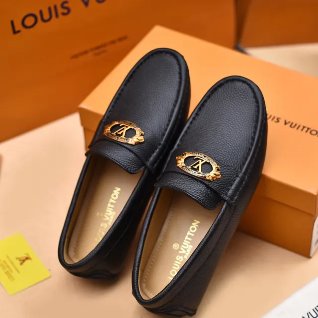 Louis Vuitton Loafer Black Pebbled Leather Gold Medallion Slip-On Loafers 3