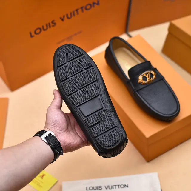 Louis Vuitton Loafer Black Pebbled Leather Gold Medallion Slip-On Loafers 4