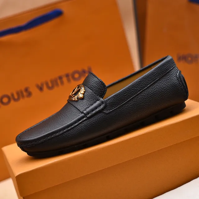 Louis Vuitton Loafer Black Pebbled Leather Gold Medallion Slip-On Loafers 5