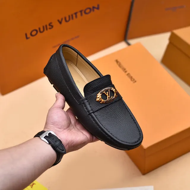 Louis Vuitton Loafer Black Pebbled Leather Gold Medallion Slip-On Loafers 6