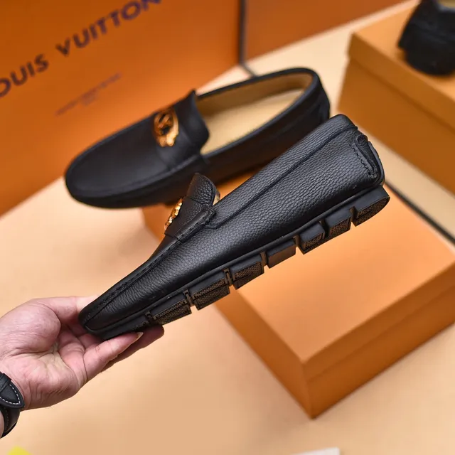Louis Vuitton Loafer Black Pebbled Leather Gold Medallion Slip-On Loafers 7