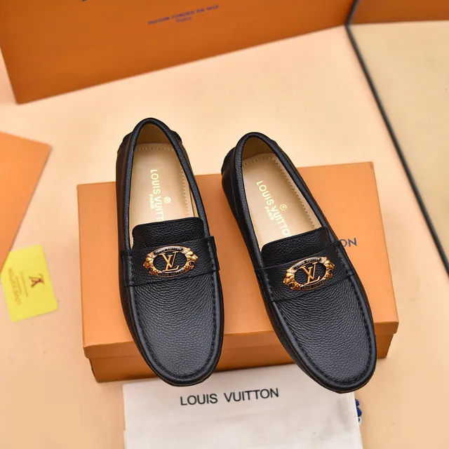 Louis Vuitton Loafer Black Pebbled Leather Gold Medallion Slip-On Loafers 8