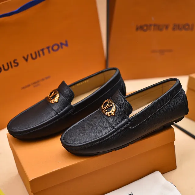 Louis Vuitton Loafer Black Pebbled Leather Gold Medallion Slip-On Loafers 9