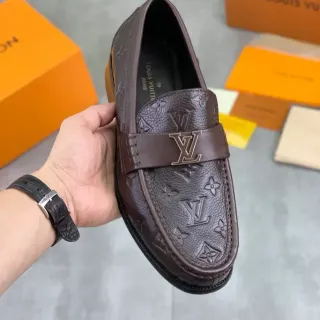 Louis Vuitton Loafer Brown Black Monogram-Embossed Leather Metal LV Buckle Strap Loafer