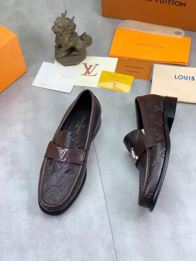 Louis Vuitton Loafer Brown Black Monogram-Embossed Leather Metal LV Buckle Strap Loafer 6