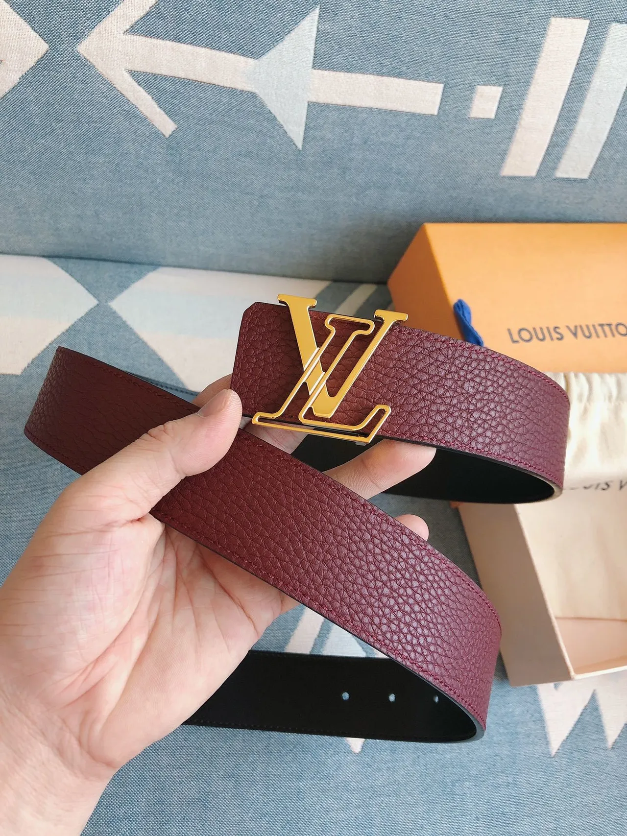 Louis Vuitton LV Belt Burgundy Pebbled Leather Belt 2