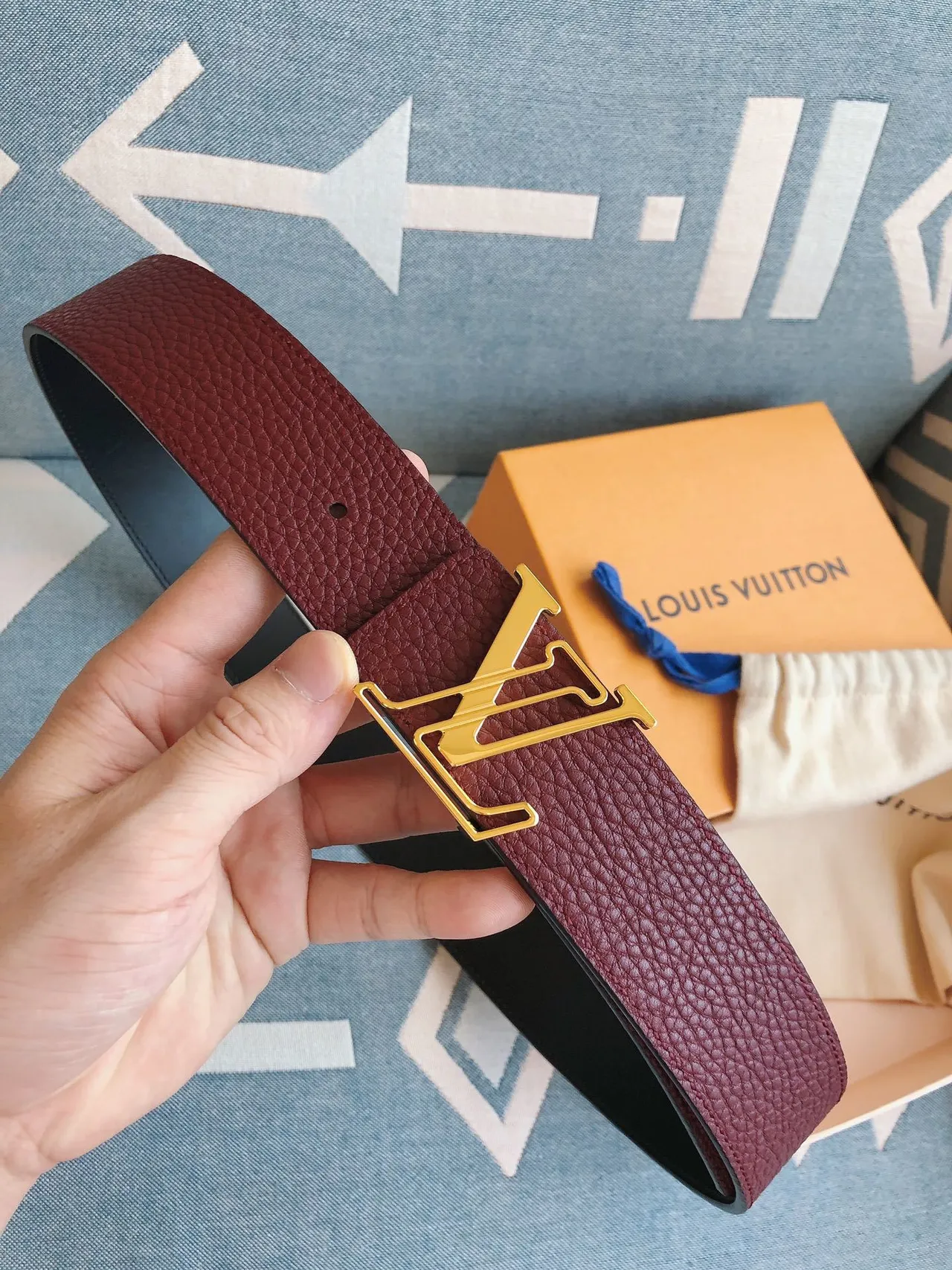 Louis Vuitton LV Belt Burgundy Pebbled Leather Belt 4