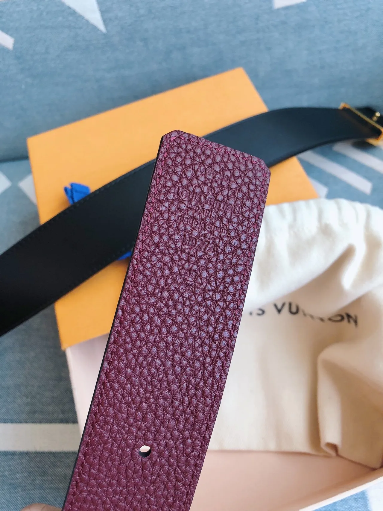 Louis Vuitton LV Belt Burgundy Pebbled Leather Belt 5