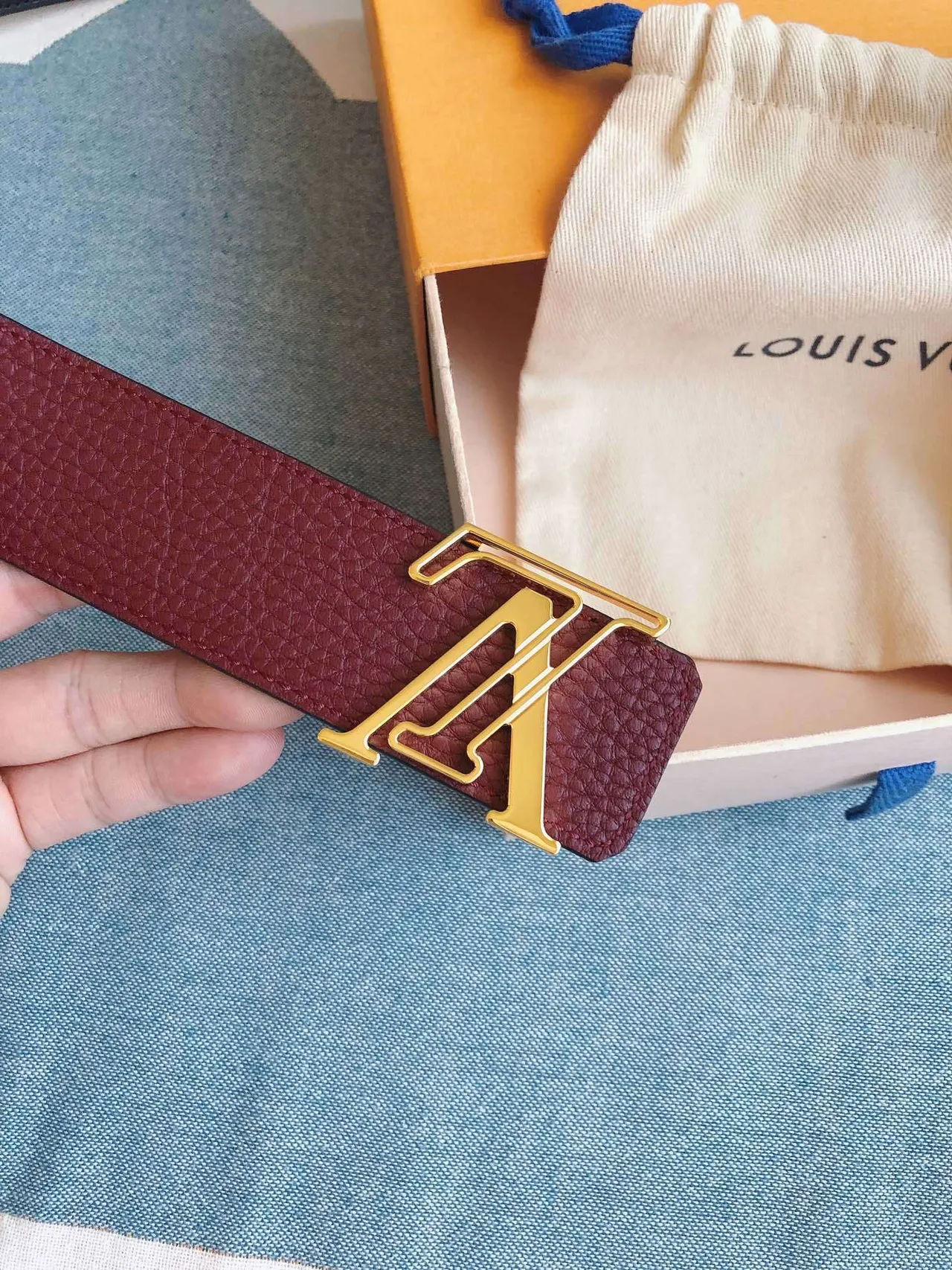 Louis Vuitton LV Belt Burgundy Pebbled Leather Belt 7
