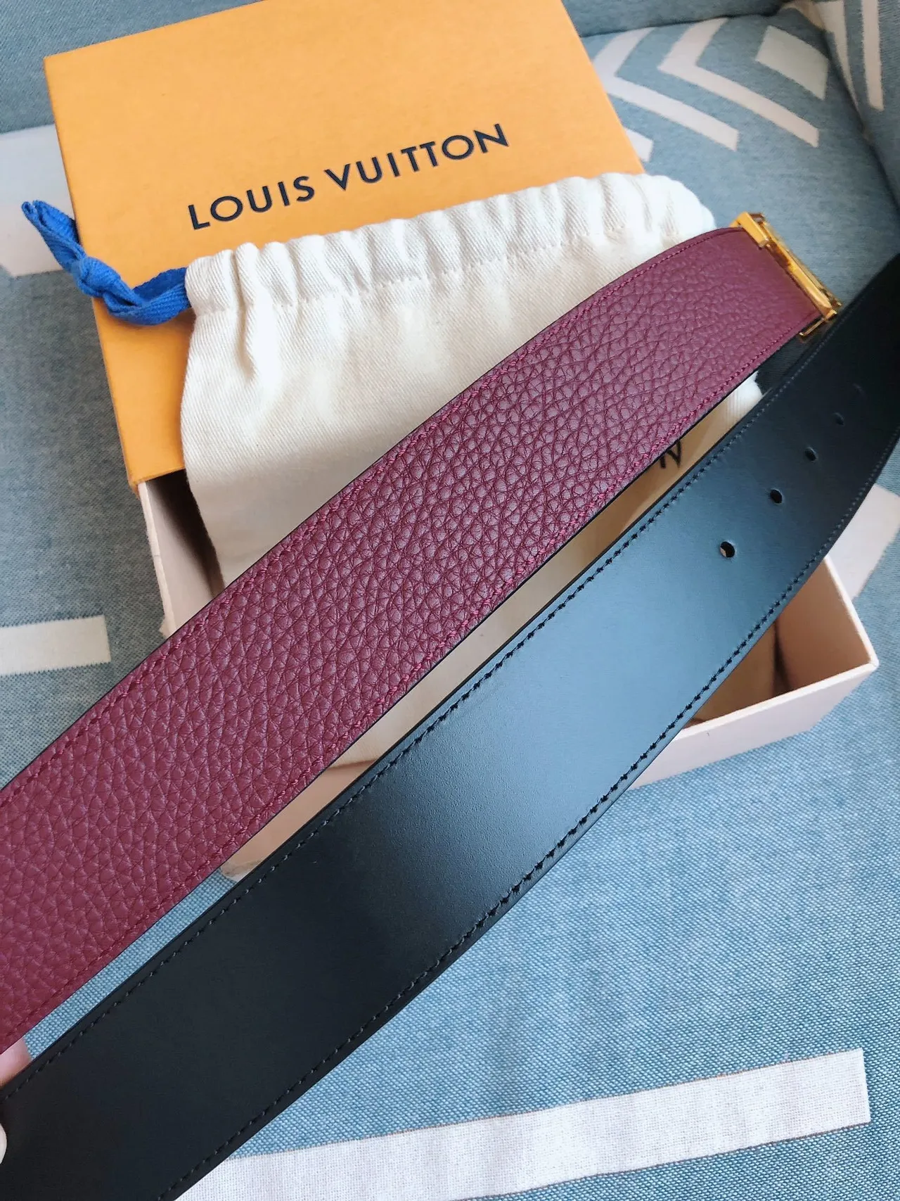 Louis Vuitton LV Belt Burgundy Pebbled Leather Belt 9