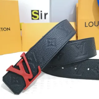 Louis Vuitton LV Initiales Black Red Embossed Monogram Pebbled Texture Leather Belt