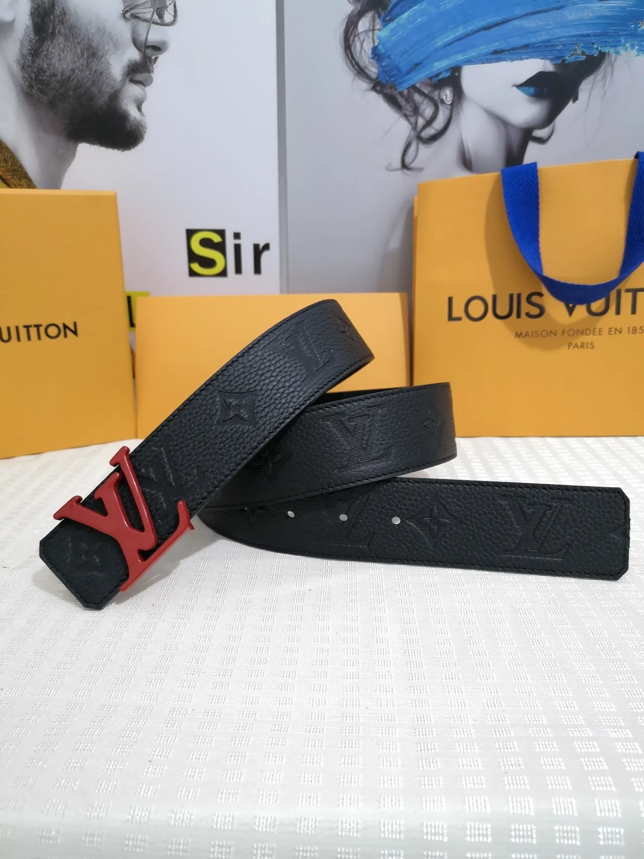 Louis Vuitton LV Initiales Black Red Embossed Monogram Pebbled Texture Leather Belt 2
