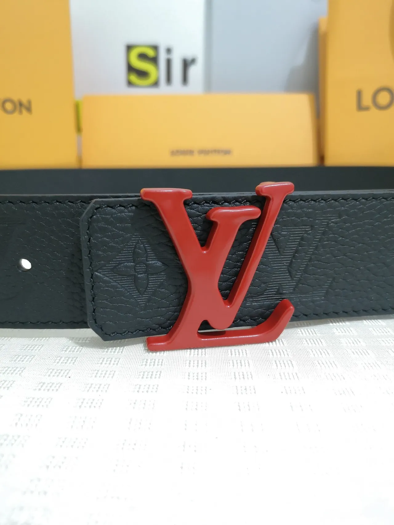 Louis Vuitton LV Initiales Black Red Embossed Monogram Pebbled Texture Leather Belt 3