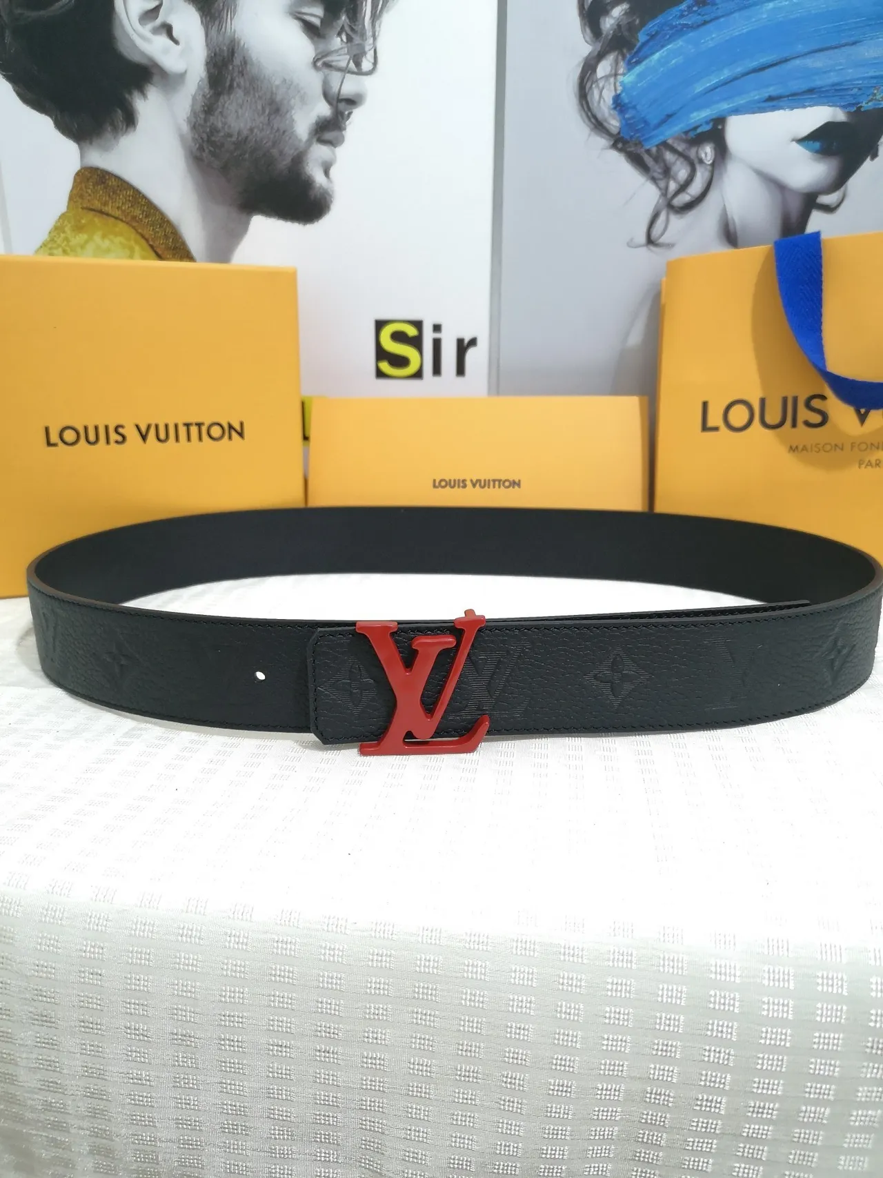 Louis Vuitton LV Initiales Black Red Embossed Monogram Pebbled Texture Leather Belt 4