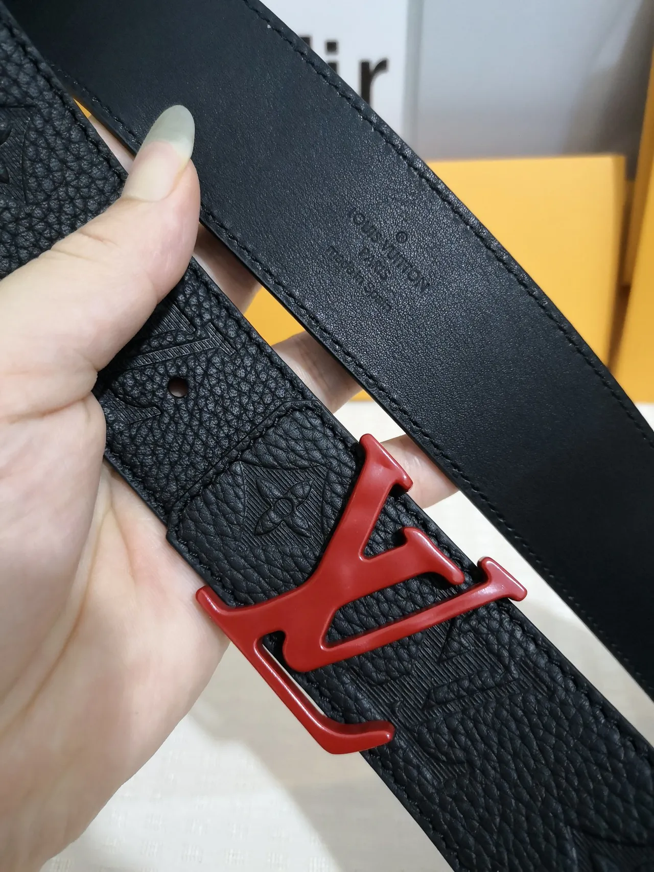 Louis Vuitton LV Initiales Black Red Embossed Monogram Pebbled Texture Leather Belt 5