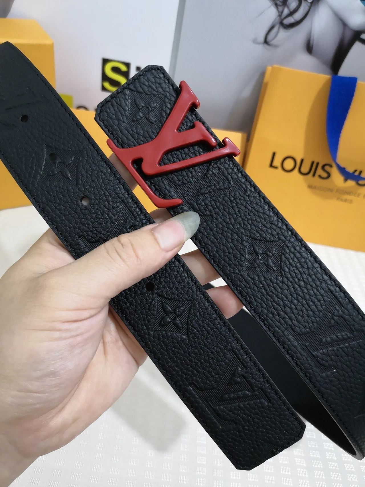 Louis Vuitton LV Initiales Black Red Embossed Monogram Pebbled Texture Leather Belt 6