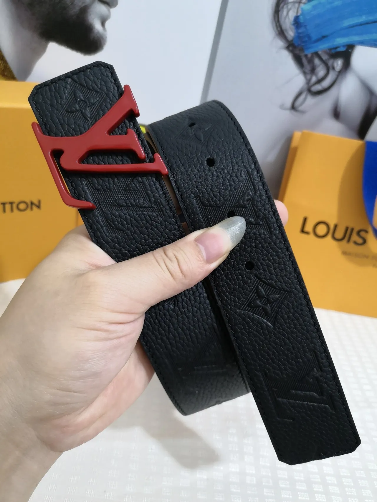 Louis Vuitton LV Initiales Black Red Embossed Monogram Pebbled Texture Leather Belt 7