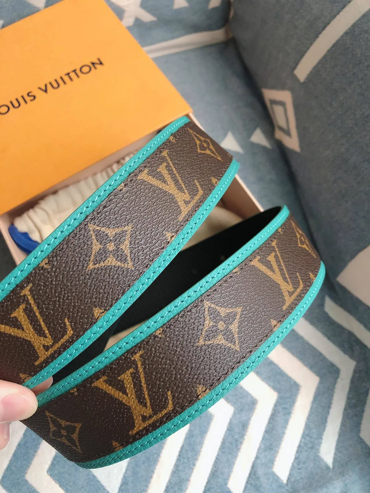 Louis Vuitton LV Initiales Brown Blue Monogram Canvas Gold-Tone Buckle Leather Belt 4