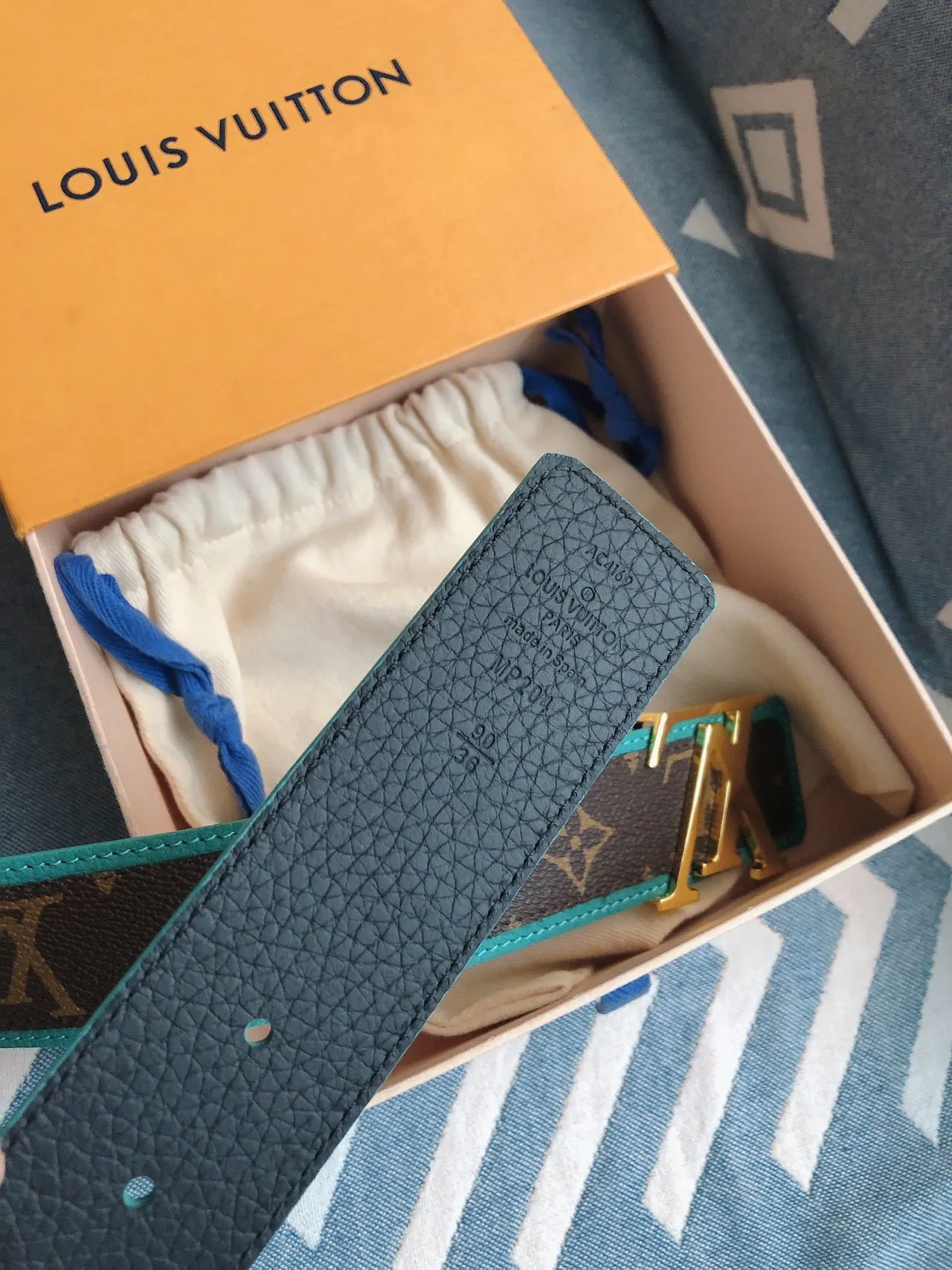 Louis Vuitton LV Initiales Brown Blue Monogram Canvas Gold-Tone Buckle Leather Belt 6