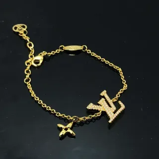 Louis Vuitton LV Initials and Flower Charm Gold Chain Bracelet