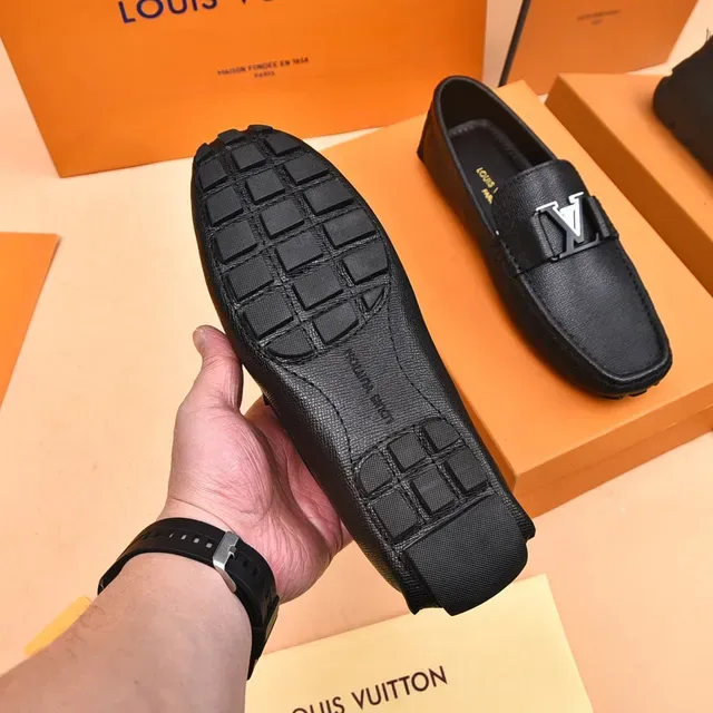 Louis Vuitton LV Loafer Black Silver Textured Leather Logo Buckle Strap Loafer 4
