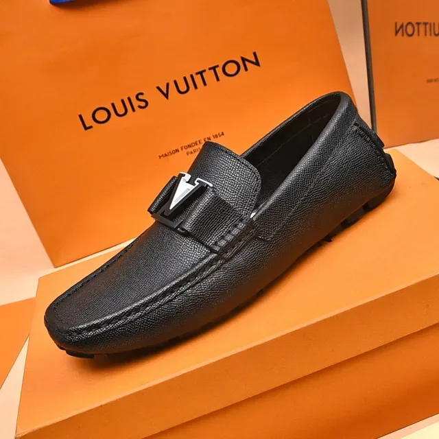 Louis Vuitton LV Loafer Black Silver Textured Leather Logo Buckle Strap Loafer 5
