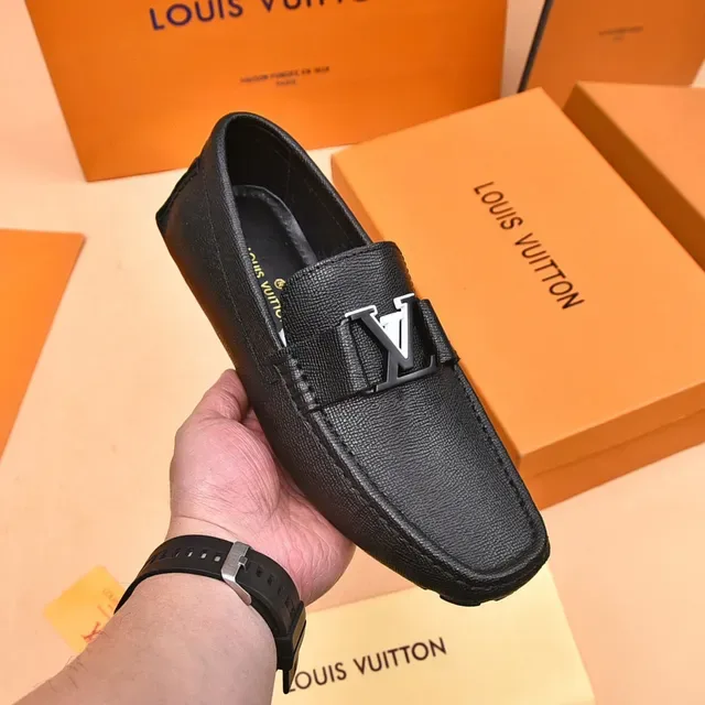 Louis Vuitton LV Loafer Black Silver Textured Leather Logo Buckle Strap Loafer 6