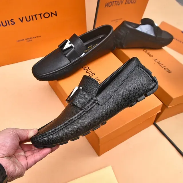 Louis Vuitton LV Loafer Black Silver Textured Leather Logo Buckle Strap Loafer 7