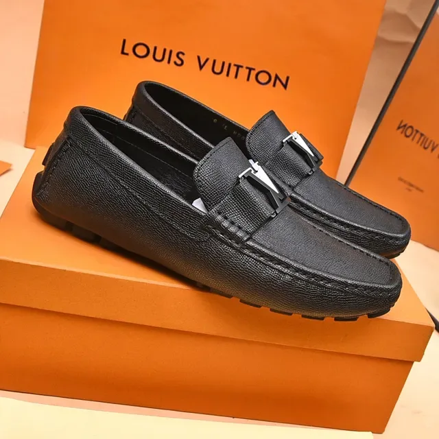 Louis Vuitton LV Loafer Black Silver Textured Leather Logo Buckle Strap Loafer 8