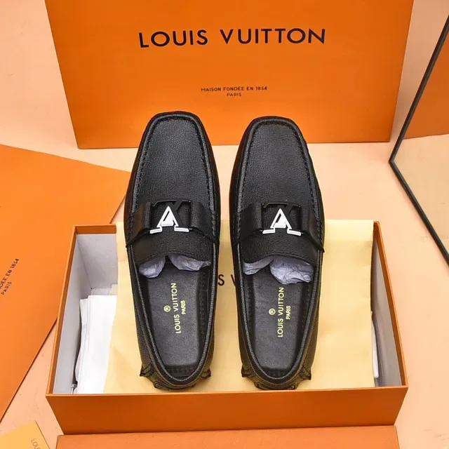 Louis Vuitton LV Loafer Black Silver Textured Leather Logo Buckle Strap Loafer 9