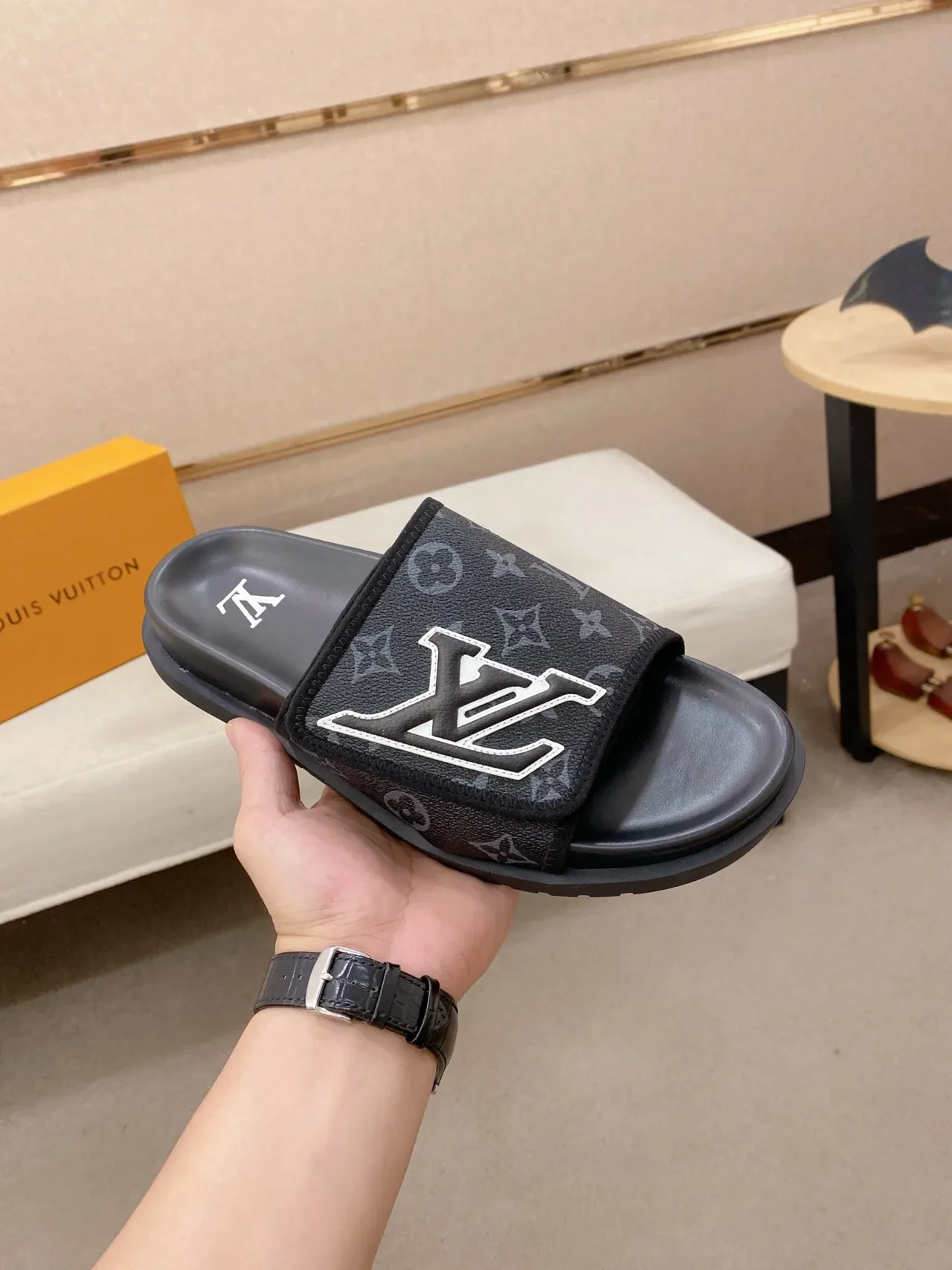 Louis Vuitton LV Slide Monogram Black Gray Slippers 3