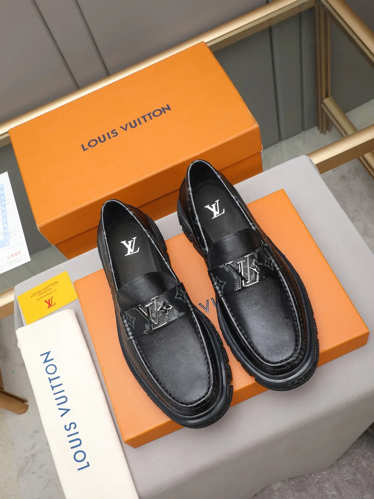 Louis Vuitton LV Trail Loafer Black Pebbled Leather Monogrammed Tread Sole Loafer 2