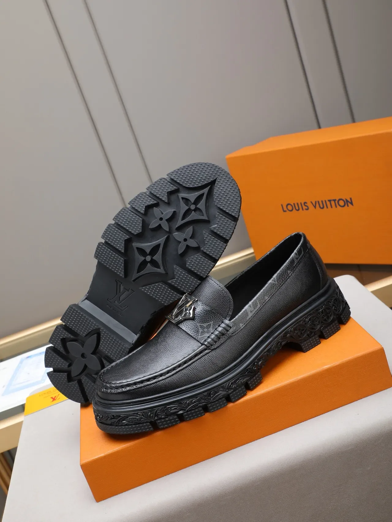 Louis Vuitton LV Trail Loafer Black Pebbled Leather Monogrammed Tread Sole Loafer 4
