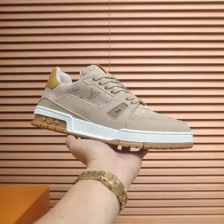 Louis Vuitton LV Trainer Beige Gold Monogram-Print Upper Layered Midsole Lifestyle Sneakers