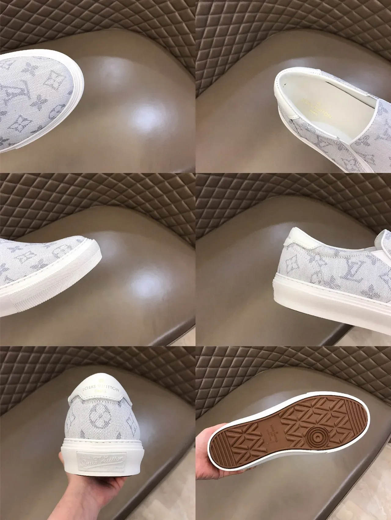 Louis Vuitton LV Trainer Beige White Slip-On Monogram Jacquard Canvas Basket Lifestyle 3
