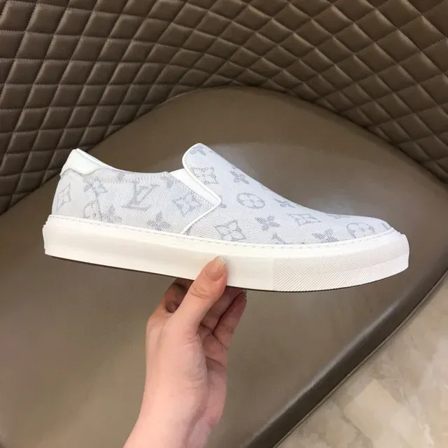 Louis Vuitton LV Trainer Beige White Slip-On Monogram Jacquard Canvas Basket Lifestyle 4